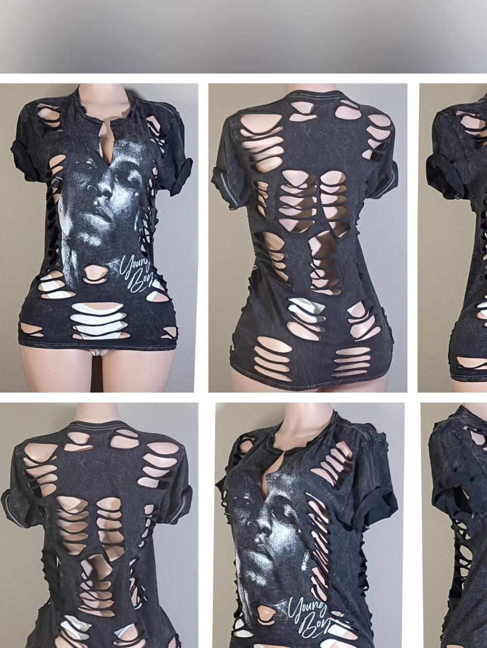 Young Boy Black Custom  Distressed Graphic Cutout Women's Tee